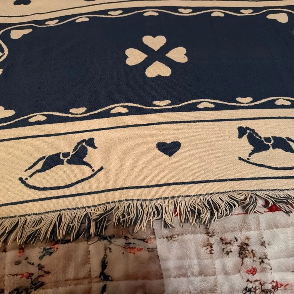 Vtg Goodwin Weavers Reversible Throw Blanket Tapestry Heart Horse 32x42 USA. GUC